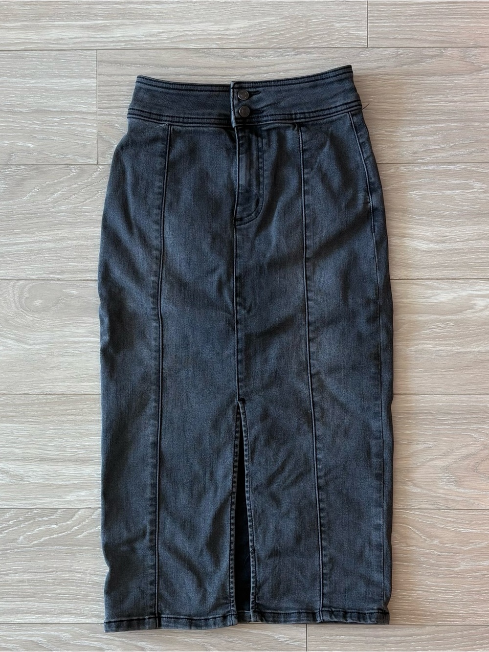 Black Denim Midi Skirt with Front Slit